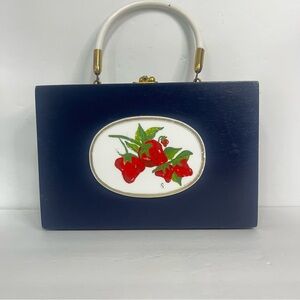 vintage wooden box purse hand painted strawberries  navy blue white handle 9x3x6